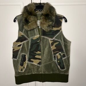 Wilsons Leather Suede Patchwork Camo Vest w/ Faux Fur Collar